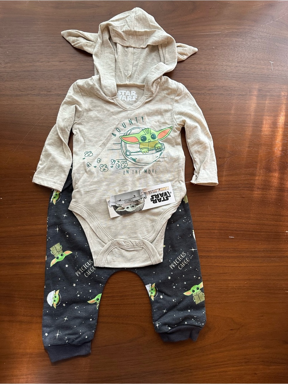 Star Wars Baby Grogu Beige and Black Hooded Bodysuit Pant Set
